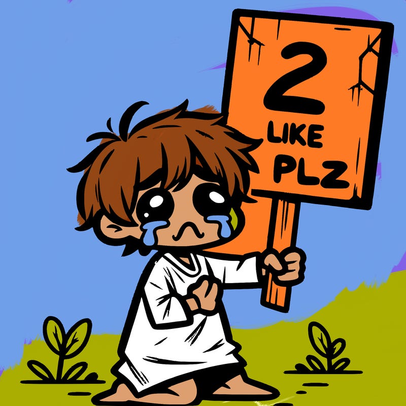 small poor toddler crying with sign that says 2 like plz