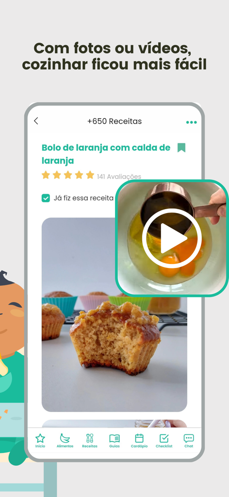 BLW Brasil Alimentação Bebês - BLWブラジルアプリのインターフェースで、簡単な離乳食の準備のためのビデオチュートリアル付きのオレンジケーキレシピが表示されています。