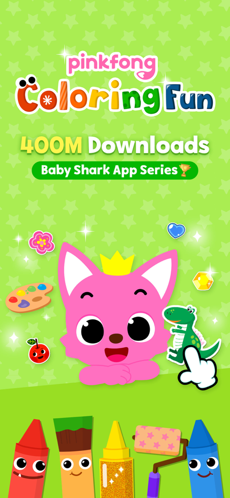 Pinkfong Coloring Fun - Pantalla de inicio de la aplicación Pinkfong Coloring Fun con el personaje del zorro rosa y herramientas de arte