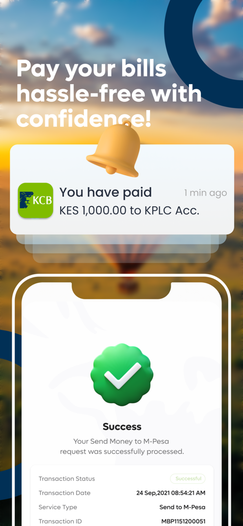 Una pantalla móvil de la nueva aplicación KCB Móvil que muestra una notificación de pago de factura exitoso y una confirmación de transferencia de M-Pesa.