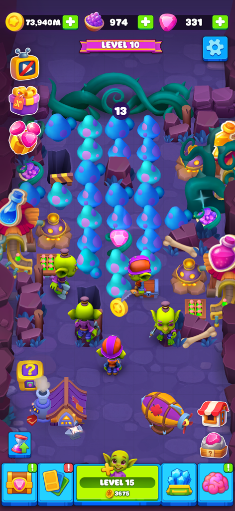 Goblin Miner: Idle Merger - 빛나는 파란색 버섯으로 가득한 기발한 동굴에서 금을 캐는 고블린들