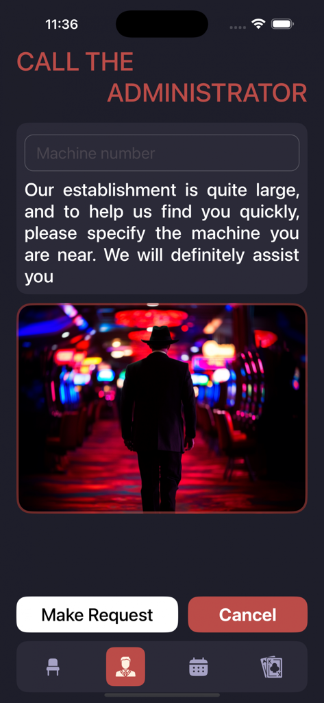 Day Winner Lounge - Mobile app interface for requesting assistance from an administrator by providing a machine number
