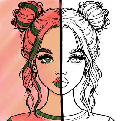 realistic girl with two buns in hair and lips