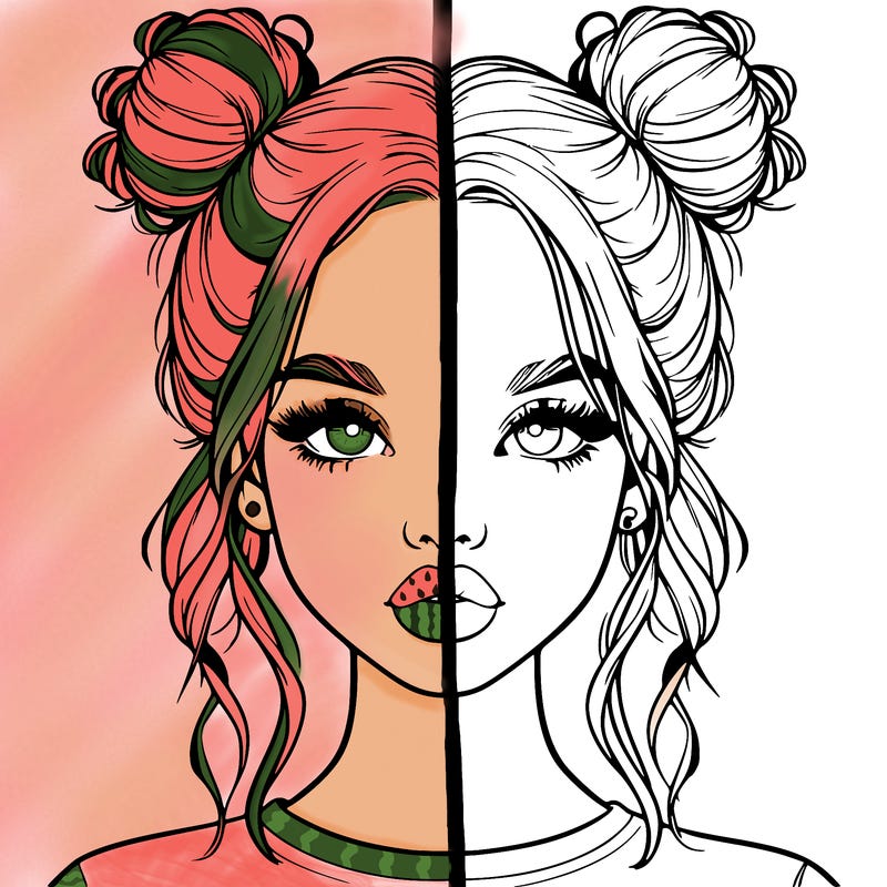 realistic girl with two buns in hair and lips