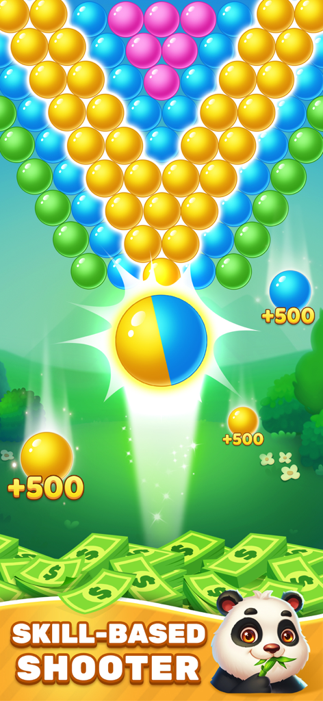 A gameplay screenshot of Bubble Glint showing a skill based shooter mechanic with a panda mascot and cash rewards.