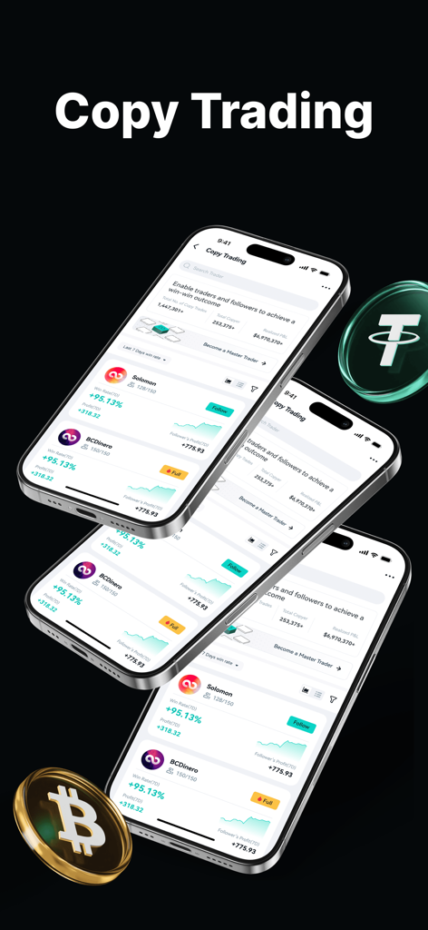 ZMEX mobile app interface showing the copy trading feature with trader profiles and crypto coins
