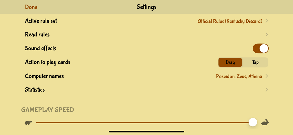 Blackbird! - Menu de configurações do aplicativo de jogo de cartas Blackbird mostrando seleção de conjunto de regras e controle deslizante de velocidade de jogo
