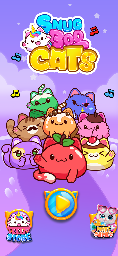 SnugBoo Cats World of Music - カラフルな漫画の子猫が登場するSnugBoo Cats World of Musicアプリのホーム画面