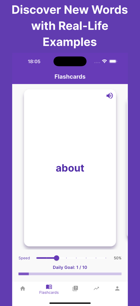 VocabHero: Learn English Fast - VocabHero app flashcard interface showing the English word about and a daily goal progress bar