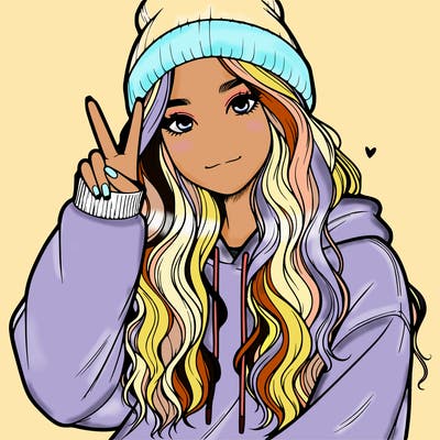 a teenage girl in a beanie, oversized sweatshirt, wavy long hair, and is showing a ✌️