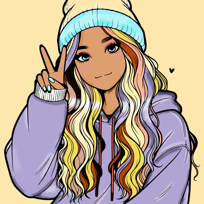 a teenage girl in a beanie, oversized sweatshirt, wavy long hair, and is showing a ✌️