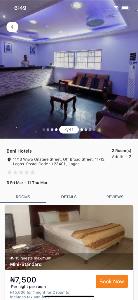 Wakanow Affiliates - Wakanow Affiliates app interface showing hotel booking details for Beni Hotels in Lagos