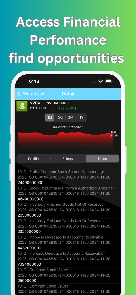 Super Investor - Super InvestorアプリがNVIDIA株価チャートとSEC提出書類からの財務データを表示している様子