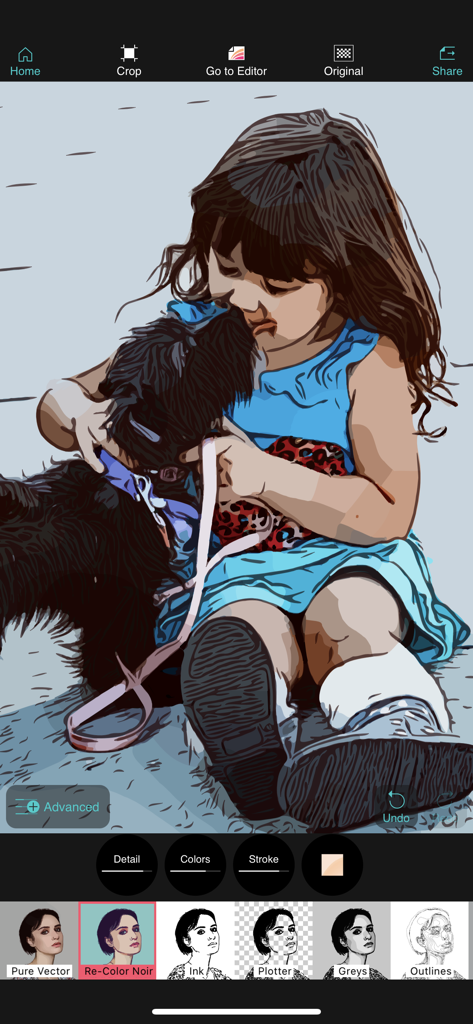Vector Q by Imaengine - Vector Q mobile app interface showing a vector art conversion of a photo of a child and a dog with editing tools and filter presets.