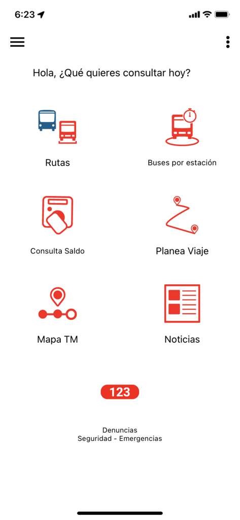 Menú principal de TransMi App mostrando opciones de rutas, planificación de viajes y mapas.