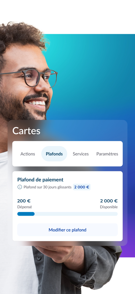 A smartphone screen from La Banque Postale app showing how to manage and modify bank card payment limits.