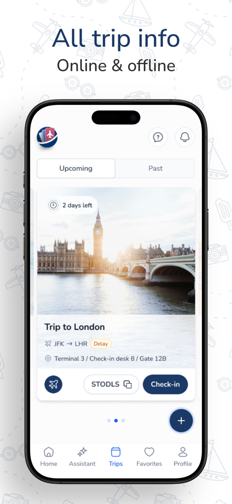 CheckMyTrip mobile app showing a London trip itinerary with flight delay status and terminal information