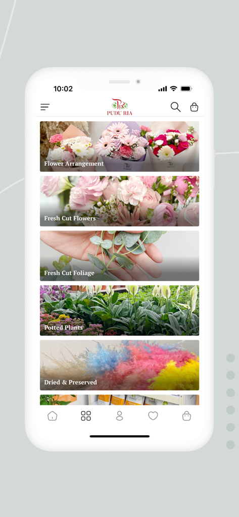 PR Florist - PR Floristモバイルアプリ。花のアレンジメントや植物のカテゴリーが表示されています。