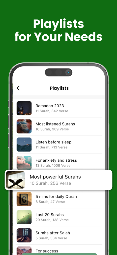 Quran 360: AlQuran English - Curated Quran playlists for different spiritual needs in the Quran 360 mobile app interface.
