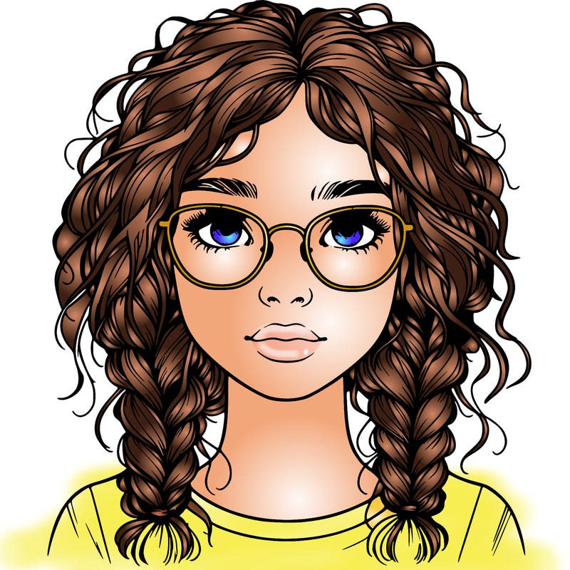 realistic girl with glasses and frizzy hair in braids