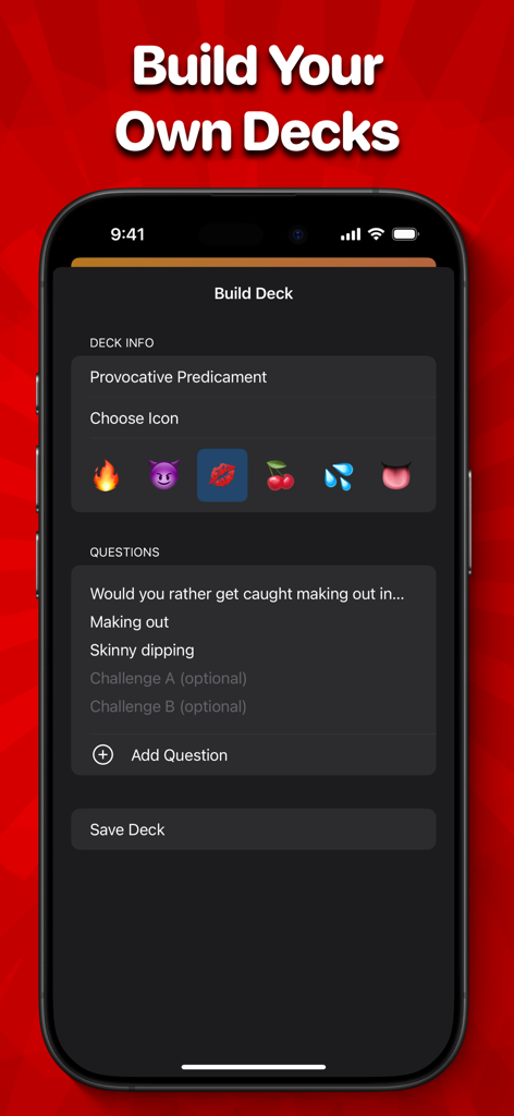 Spicy Would You Rather? - Interface for building custom question decks in the Spicy Would You Rather mobile app.