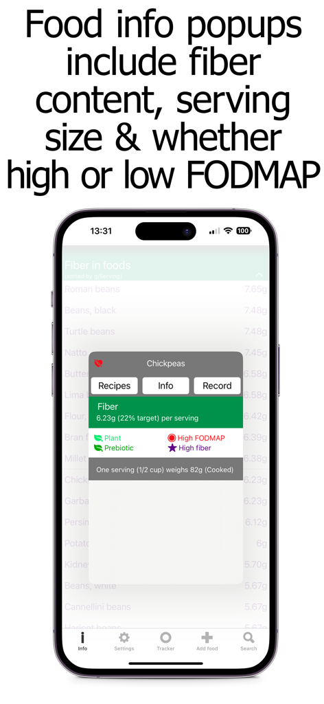 Fiber Counter and Tracker - Fiber Counter app screenshot showing chickpea nutritional details including fiber content and FODMAP status
