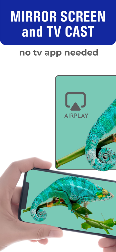 AirDroid Cast - ScreenShare - AirDroid Cast app mirroring an iPhone screen with a chameleon onto a TV display
