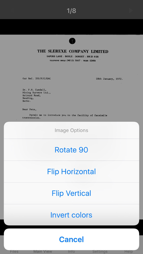 Aplicativo Fast Image Viewer mostrando opções de ajuste de imagem como girar e virar sobre um documento escaneado