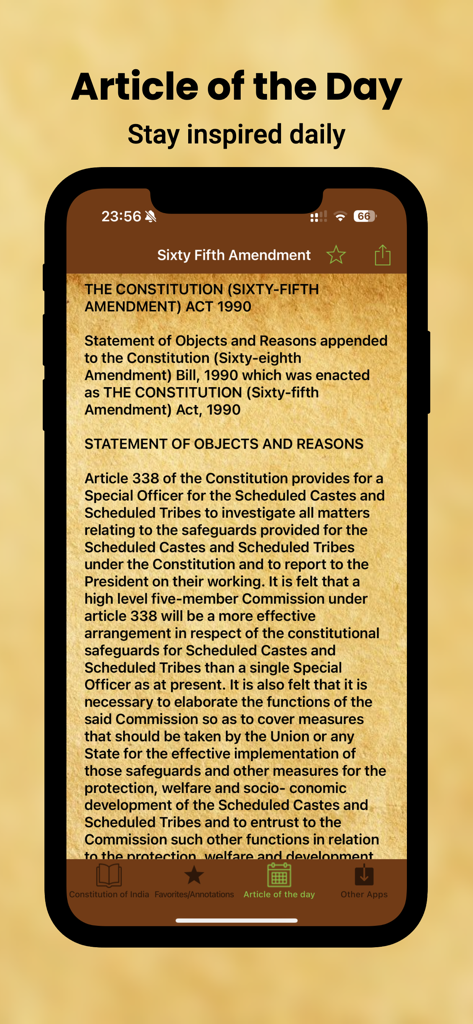 Captura de pantalla de la aplicación Constitución de la India en inglés mostrando la función Artículo del Día con texto para la Sexagésima Quinta Enmienda.