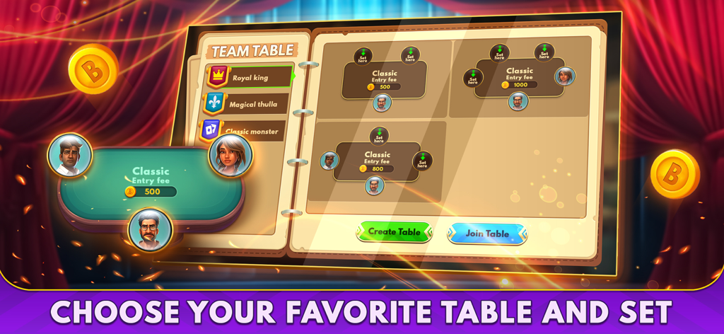 Table selection screen in the Bhabhi Multiplayer card game showing classic tables and entry fees.