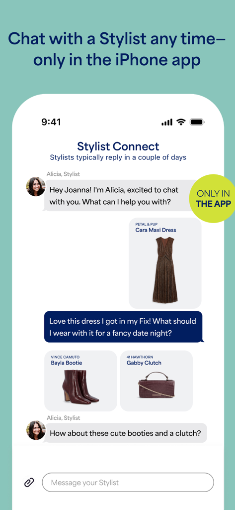 Stitch Fix - Personal Styling - A mobile screen showing a chat between a user and a Stitch Fix stylist discussing outfit pairings