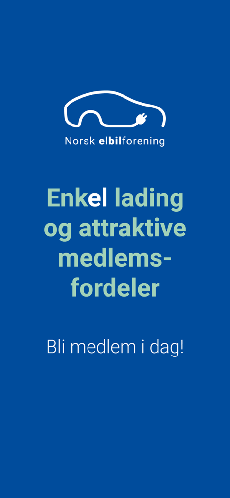 Elbilappen App-Begrüßungsbildschirm mit dem Logo der Norsk elbilforening und Werbetexten für Ladevorteile.