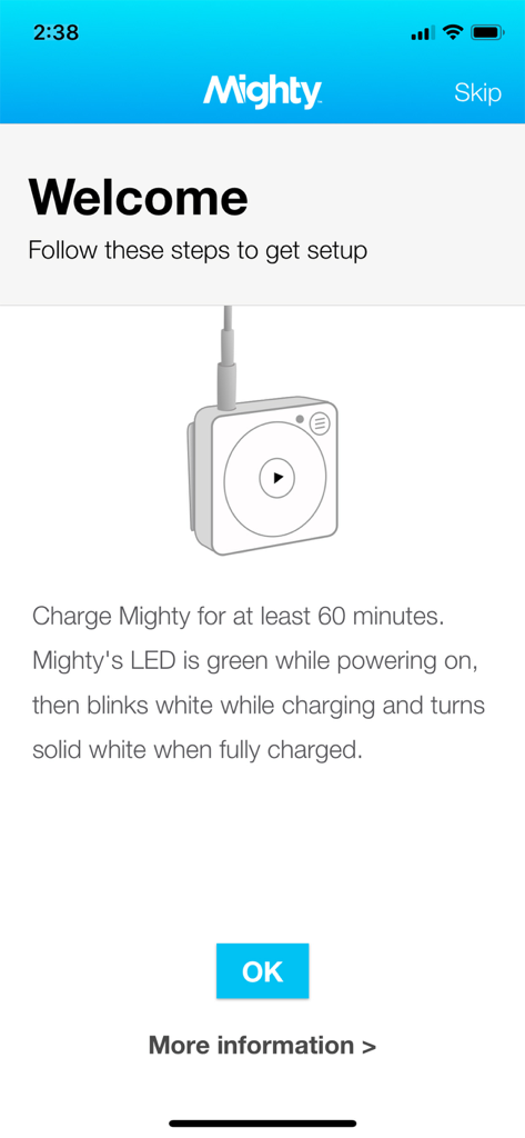 Mighty Audio - Mighty Audio app welcome screen showing setup and charging instructions for the music player