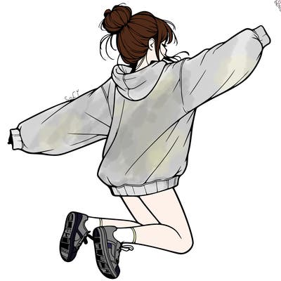 realistic girl jumping with a bun and oversized sweatshirt