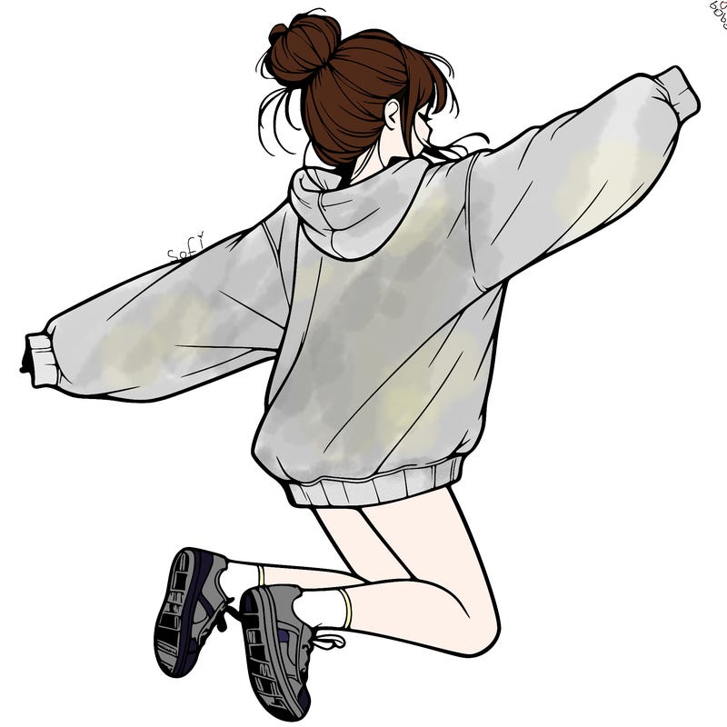 realistic girl jumping with a bun and oversized sweatshirt