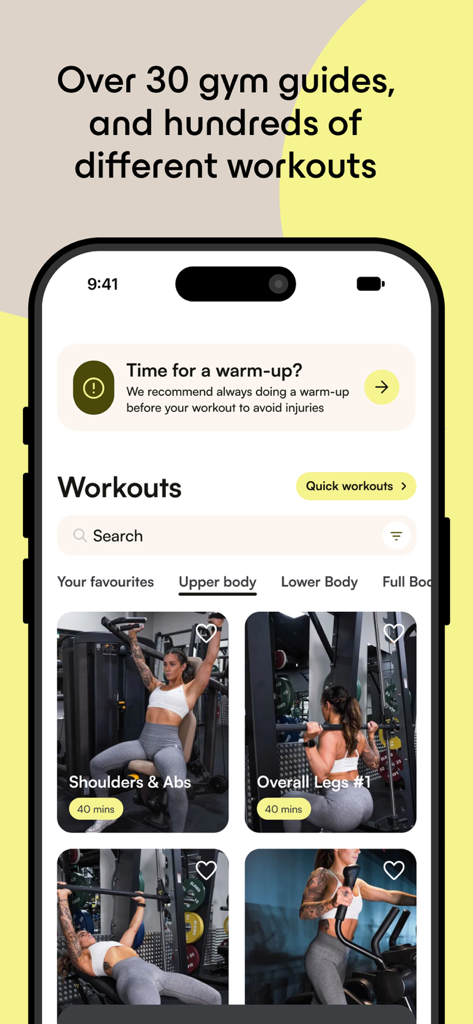 OWNU fitness app interface displaying a library of strength training gym guides for women