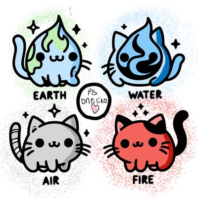 4 cats that represent the different elements, earth, water, air, and fire