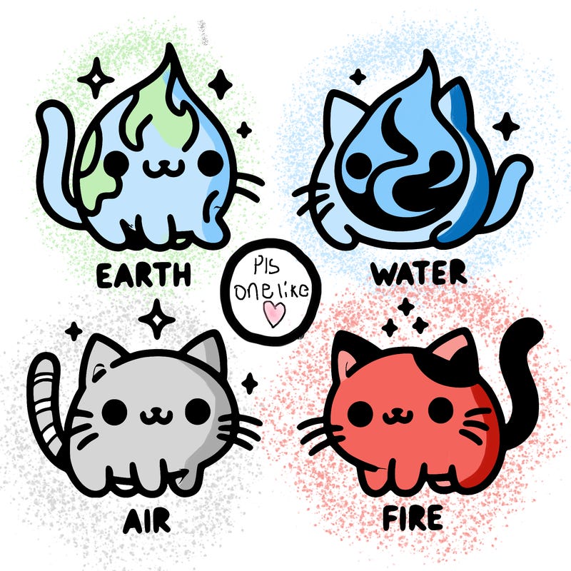 4 cats that represent the different elements, earth, water, air, and fire