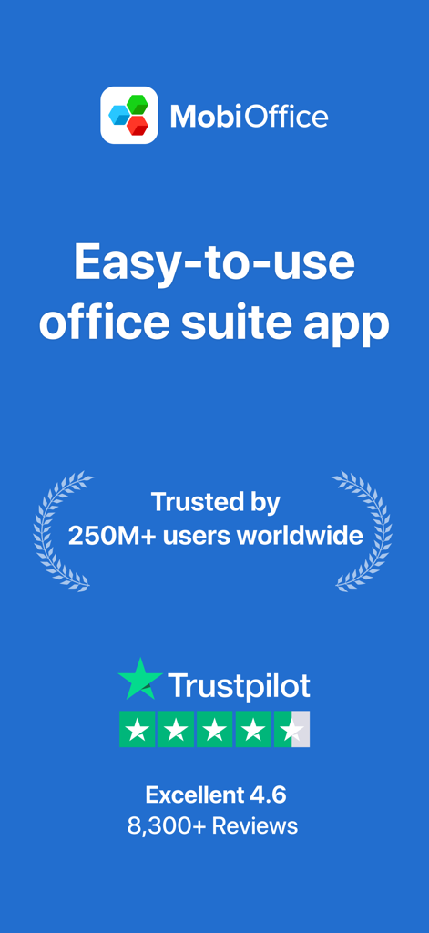 Pantalla de introducción de la aplicación MobiOffice que muestra una suite de oficina fácil de usar con reseñas de Trustpilot y estadísticas de confianza del usuario