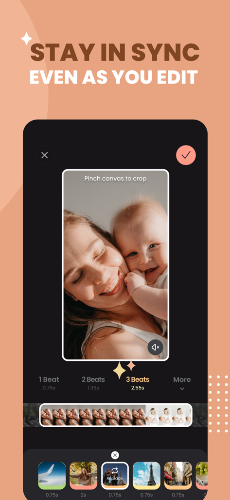 OnBeat: Reels Maker Editor - OnBeat app interface showing automatic beat sync tools for editing social media reels with a woman and baby photo.
