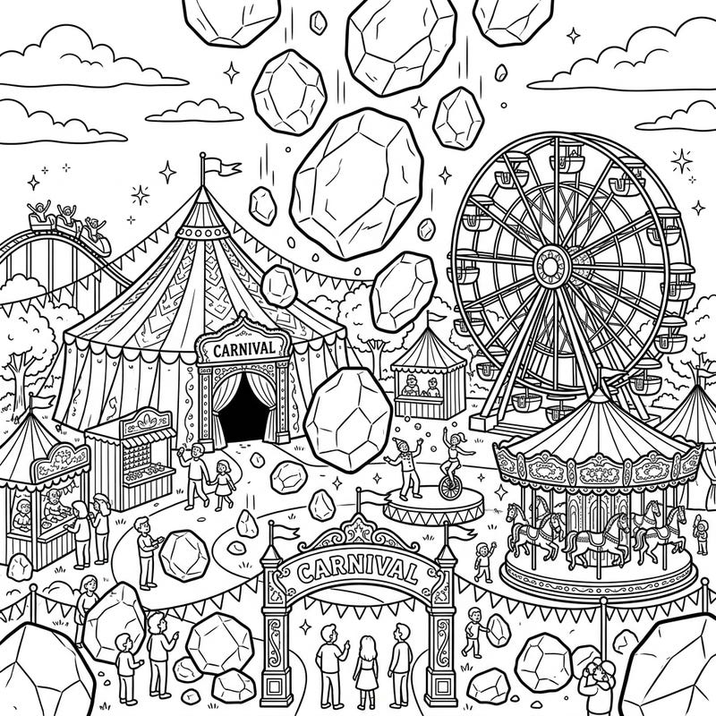 Step right up to a truly unique coloring experience! This imaginative page combines the joyous chaos of a carnival with the fantastical surprise of giant hailstones, creating a scene unlike any other.