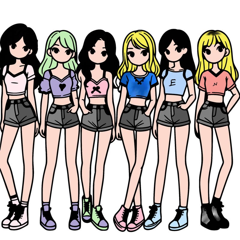 a group of girls wearing crop tops and shorts