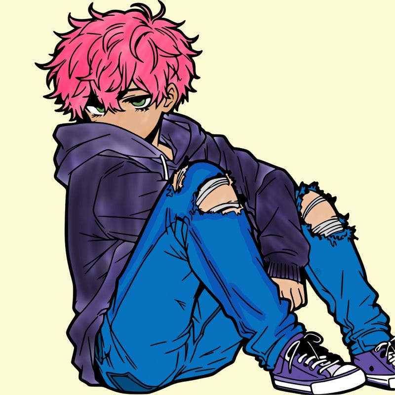 a male hoddie ripped jeans messy hair anime