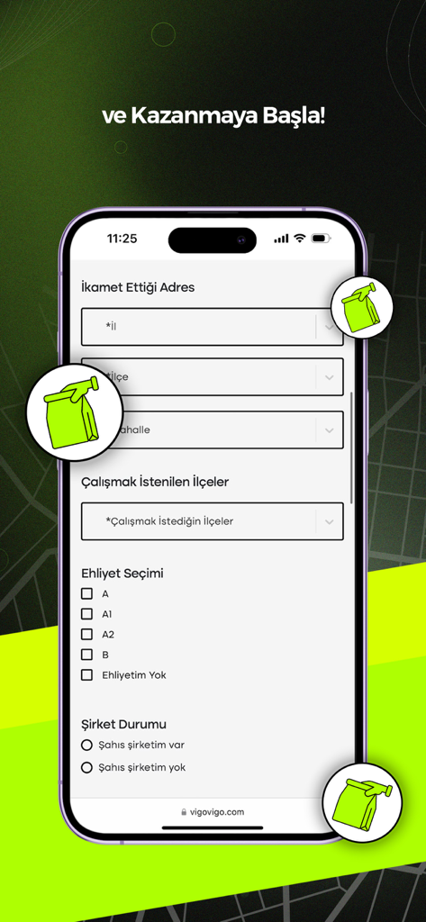 VigoKurye - VigoKurye mobile app registration screen for delivery drivers showing form fields for address and license type
