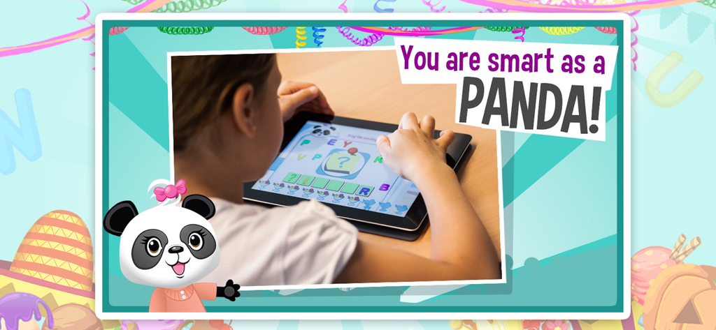 Lola's ABC Party - Reading fun - A young child using an iPad to play the Lola's ABC Party educational reading game with Lola Panda
