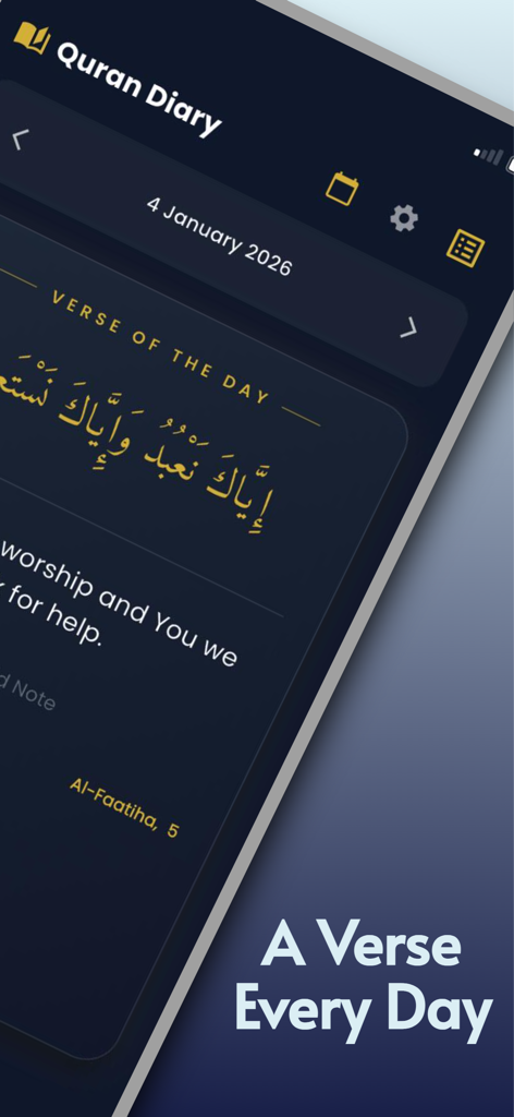 Quran Dairy - Quran Diary app interface displaying a daily verse with Arabic calligraphy and English translation