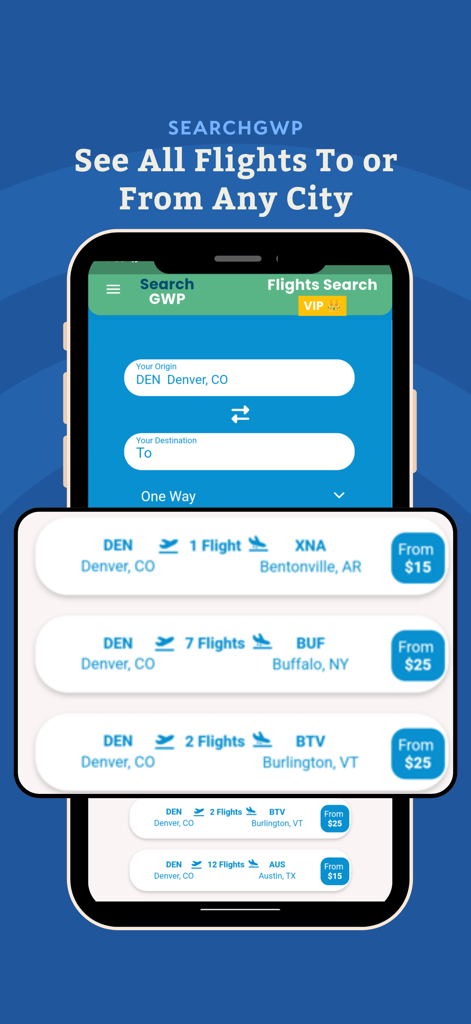 Interfaccia dell'app SearchGWP che mostra i risultati della ricerca di voli economici da Denver per i possessori del Go Wild Pass