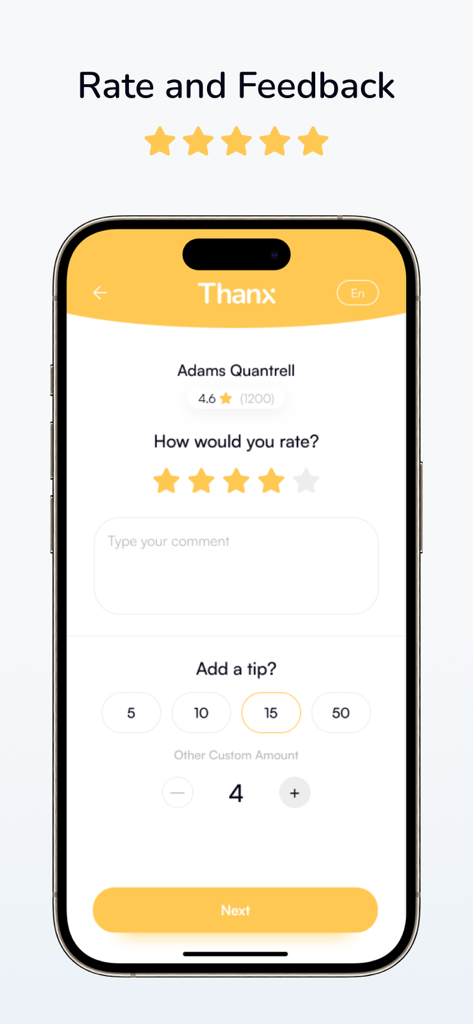 Thanx - Smartphone displaying the Thanx app interface for rating a service professional and adding a tip amount