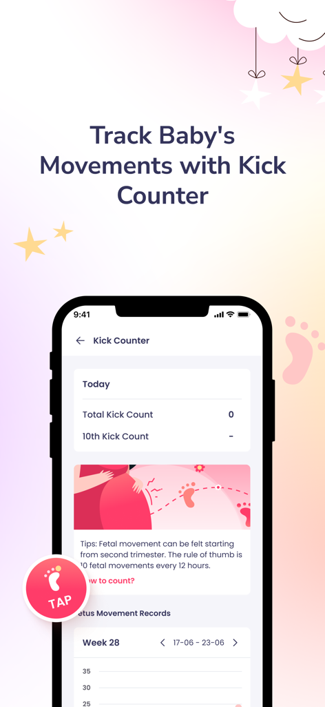 Interfaz de la aplicación Flabee Care que muestra la herramienta de contador de patadas para el seguimiento del embarazo.