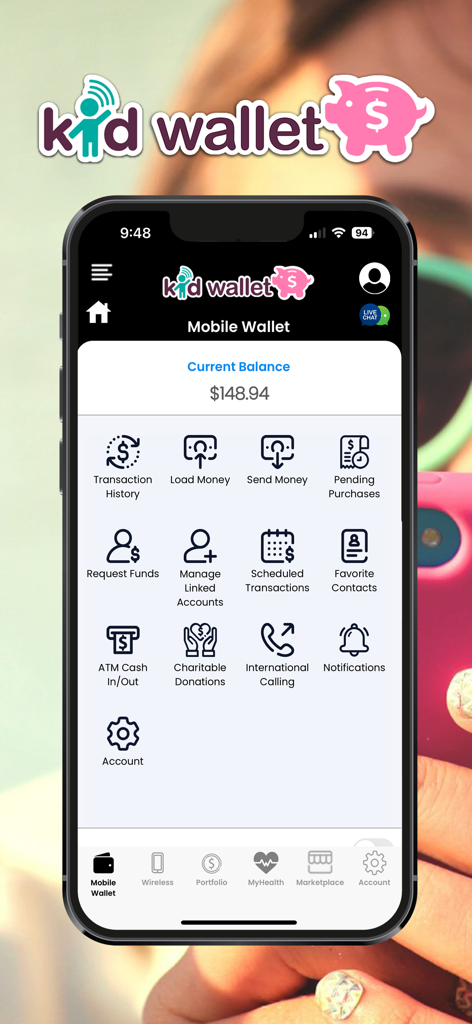 Kid Wallet - Kid Wallet app interface displaying the mobile wallet dashboard with current balance and financial transaction icons